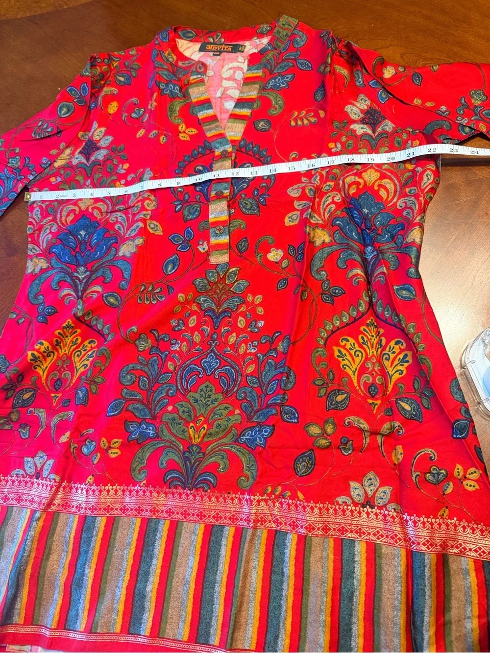 Red Floral coord set with gold print and vibrant stripes. Very good material